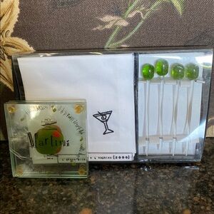Martini Olive Themed Napkin, Coaster and Stirrer Set